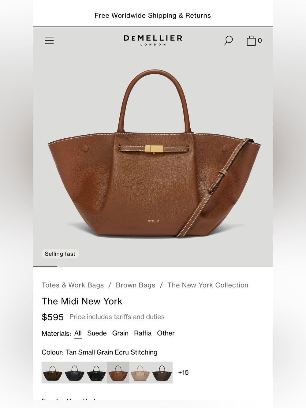 DeMellier Midi New York Tan Leather Tote Bag with Gold Hardware - Picture 9 of 11